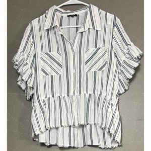 Drew Anthropologie women's white flutter sleeve top w/ blue stripes sz L pockets